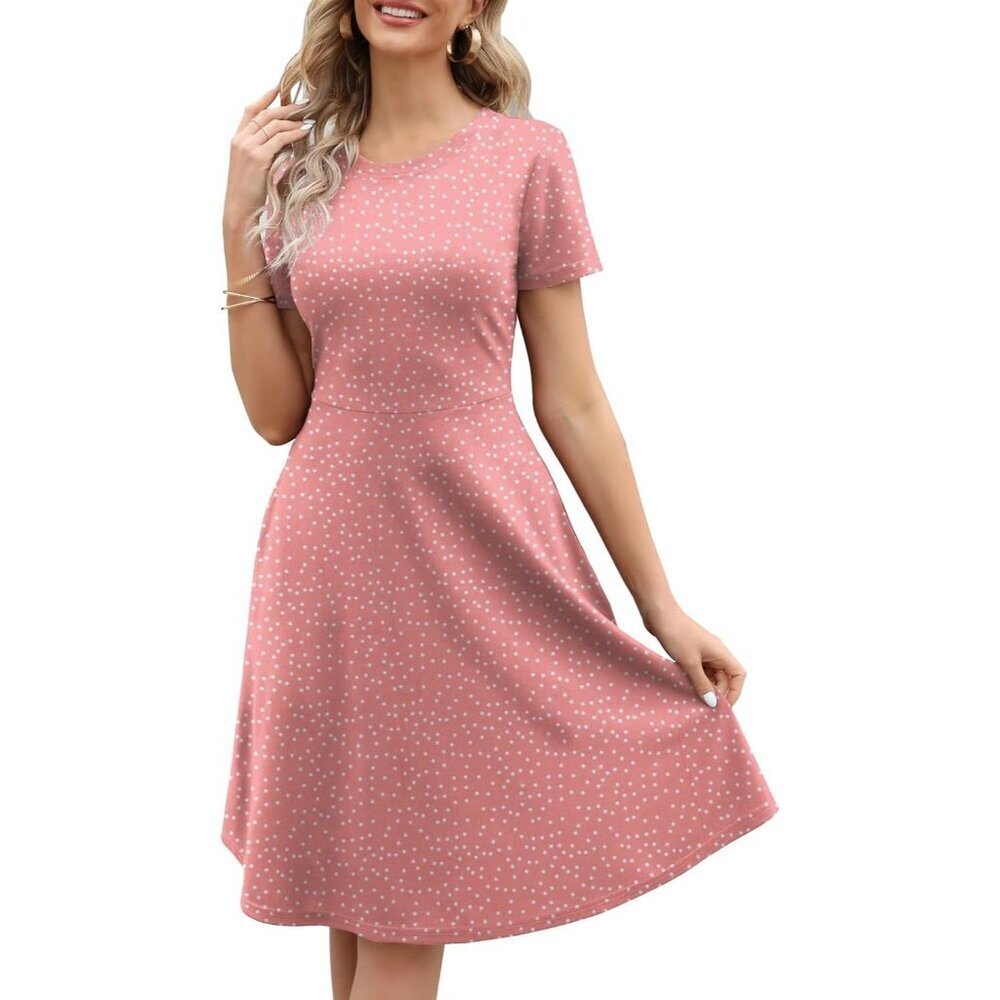 Women's Pink Dot Elegant Knee Length Vintage A-Line Swing Dress with Pockets